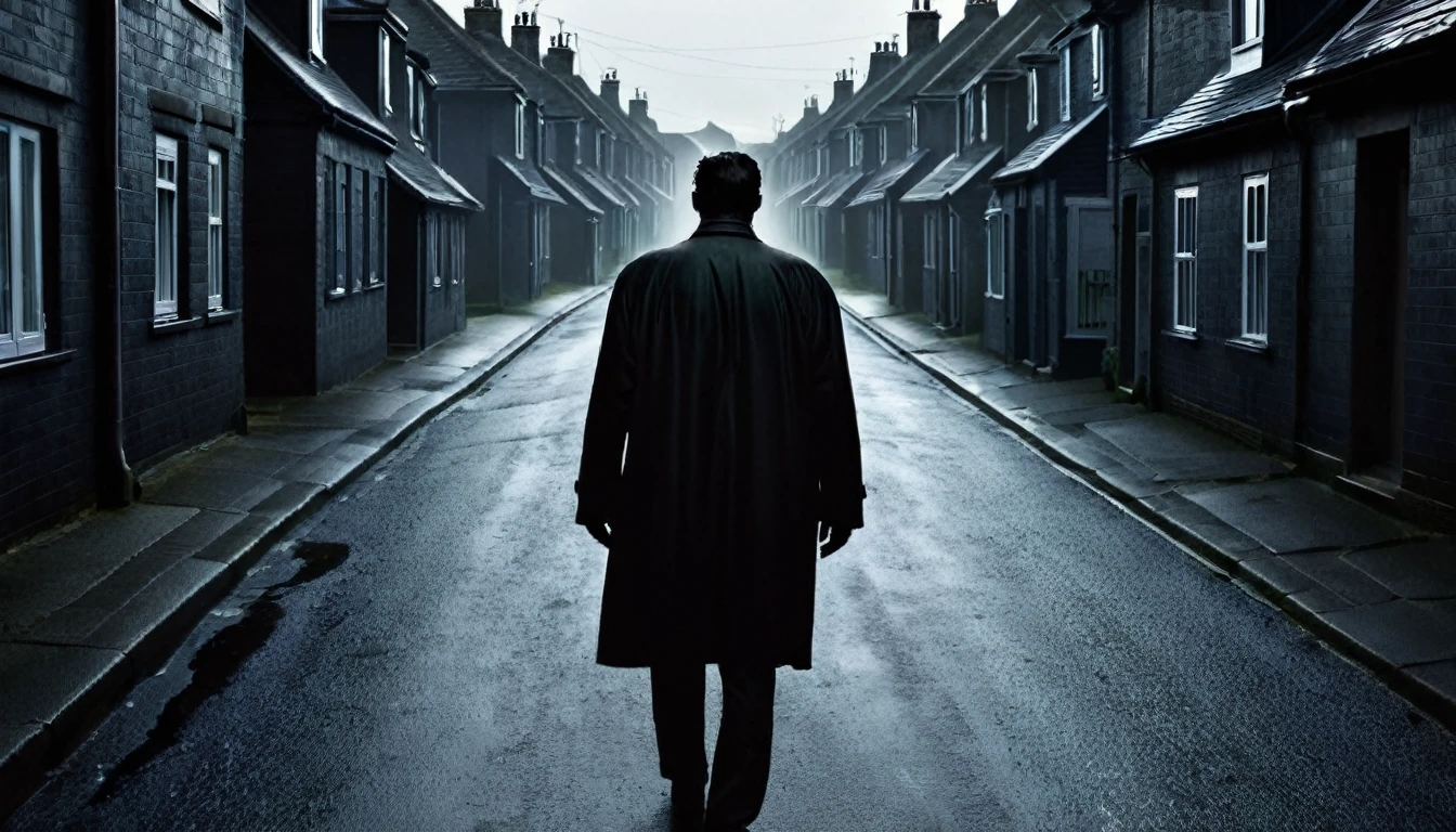 man walking, dark, sinister street, full of houses