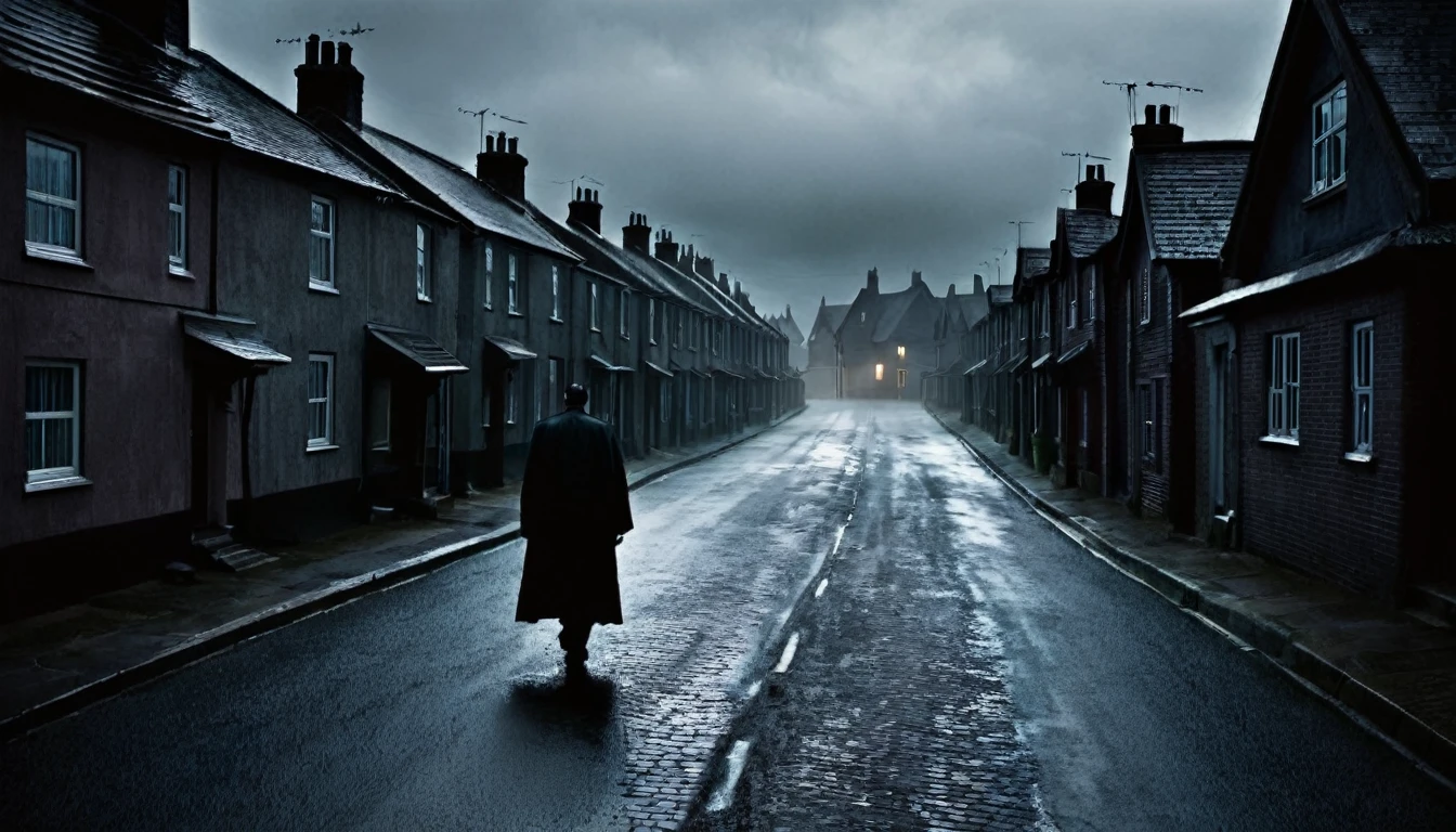 man walking, dark, sinister street, full of houses