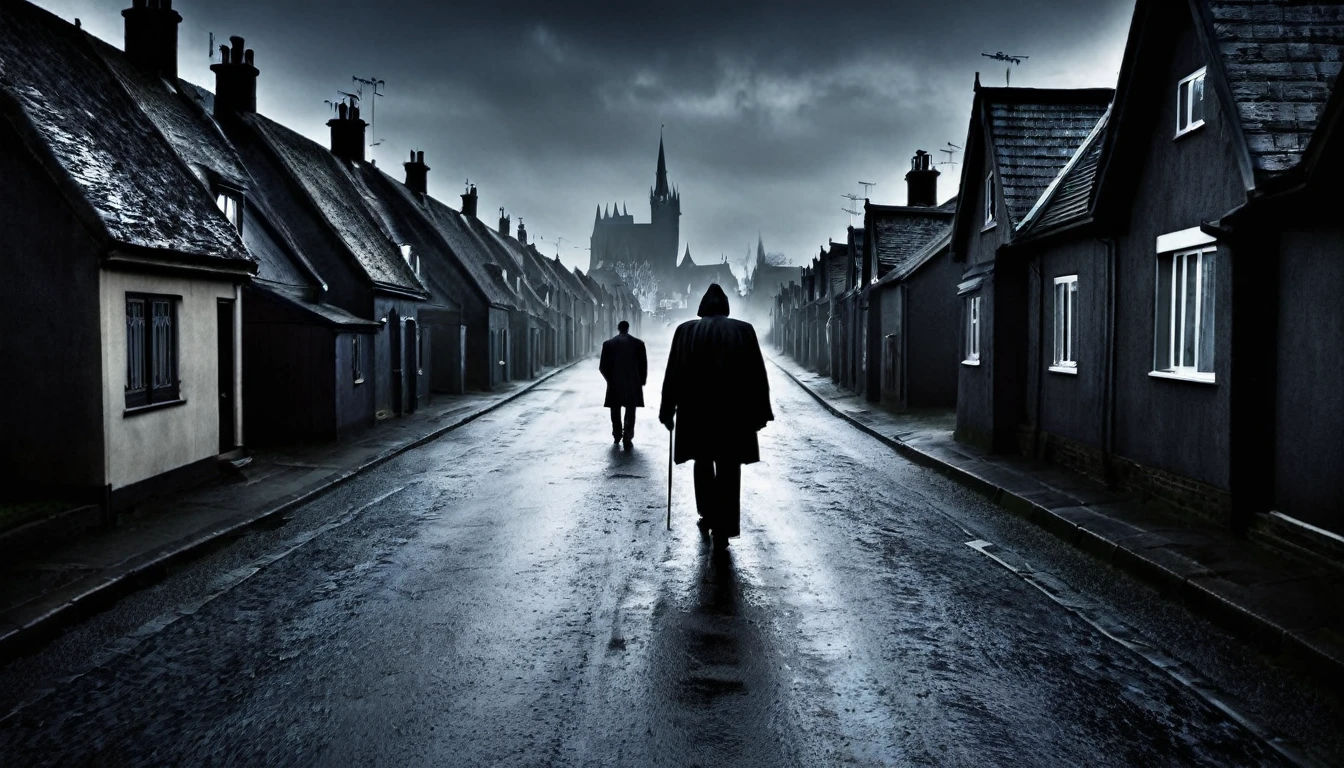 man walking, dark, sinister street, full of houses
