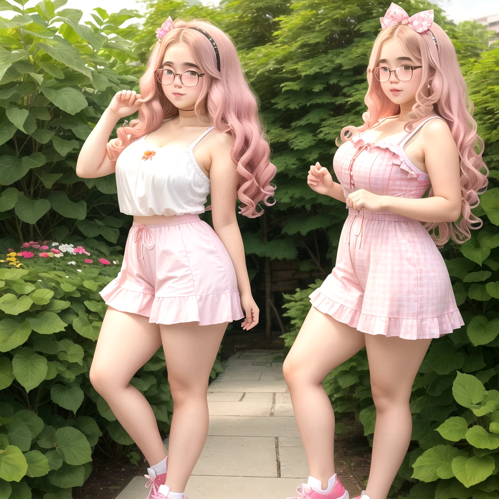 A girl with chubby cheeks long curly hair with glasses and pink cheeks. cute outfit white skin chubby fat woman Behind is a flower garden.