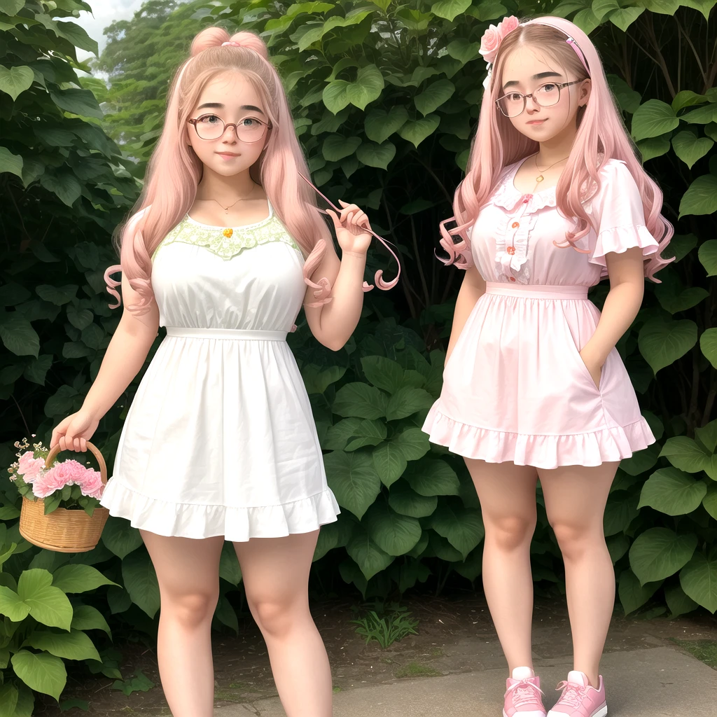 A girl with chubby cheeks long curly hair with glasses and pink cheeks. cute outfit white skin chubby fat woman Behind is a flower garden.