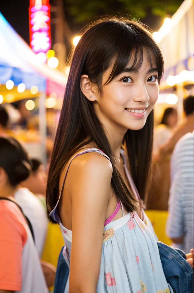 Yukata, summer festival night market, first year high school student, ((full body)), ((photo)), ((best qualtiy, 8K, tmasterpiece:1.3)), Focus:1.2, perfect figure beautiful girl:1.4, 1girl, cowboy shot, look at viewer, incredibly absurd, beautiful and cute girl with a photorealistic face, showcasing top-quality craftsmanship, A Japanese girl walking around looking at the food stalls at a summer festival on a night, 15 years old, straight hair that reaches about 10cm below her shoulders, light brown hair color, shiny hair, bangs cut straight above her eyes, hair tucked behind her ears, soft round face, large almond-shaped eyes, light brown eye color, long eyelashes, thin and neat eyebrows, small nose with a straight bridge, cherry-colored lips, bright smile, white teeth, smooth skin, fair skin, light pigmentation, freckles, average height, lithe figure, well-balanced proportions, small A-cup breasts, white and pink pastel-colored yukata, bracelet with charms, diamond stud earrings, beautiful girl, pure, moe, cheerful, curious, friendly, polite, responsible, likes festivals and events, August