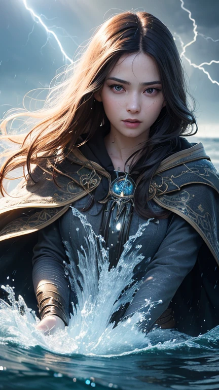 (skindentation:1.5), Realistic, Photorealistic, (masterpiece:1.5), concept art, intricate details, highly detailed, photorealistic, octane render, 8k, unreal engine, dynamic pose, best quality, highres, (realistic face:1.1), (hyperrealistic:1.1), ((full_body)), perfect eyes,(shiny skin:1.2), (((hairstyle))), (((perfect hands))), (extremely detailed background), haunted island, ((dynamic background)), ((lightning)), (light rays), (1girl), wearing cloak, (((flowing cloak))), ((detailed eyes, high quality eyes, high quality face)), long hair, (((flowing hairstyle))), 1girl ((controlling the water)), (((whirlwind of water))), ocean, tsunami, magic, (dramatic), epic, depth of field, bokeh, 4k, gothic, ((raining)), energyball between hands