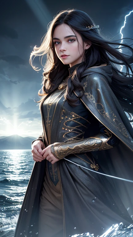 (skindentation:1.5), Realistic, Photorealistic, (masterpiece:1.5), concept art, intricate details, highly detailed, photorealistic, octane render, 8k, unreal engine, dynamic pose, best quality, highres, (realistic face:1.1), (hyperrealistic:1.1), ((full_body)), perfect eyes,(shiny skin:1.2), (((hairstyle))), (((perfect hands))), (extremely detailed background), haunted island, ((dynamic background)), ((lightning)), (light rays), (1girl), wearing cloak, (((flowing cloak))), ((detailed eyes, high quality eyes, high quality face)), long hair, (((flowing hairstyle))), 1girl ((controlling the water)), (((whirlwind of water))), ocean, tsunami, magic, (dramatic), epic, depth of field, bokeh, 4k, gothic, ((raining)), energyball between hands