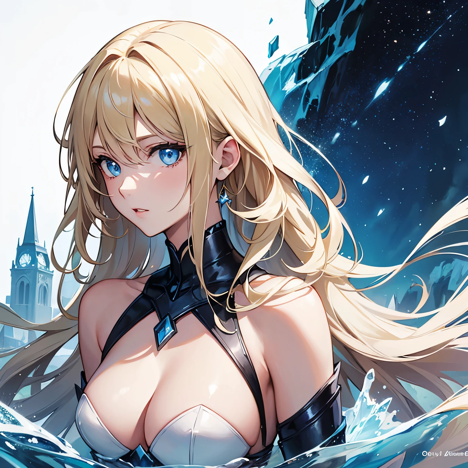 Cover magazine, woman, solo, long hair, blonde hair, blue eyes, beautiful, half body, fantasy, ice. Sexy.
