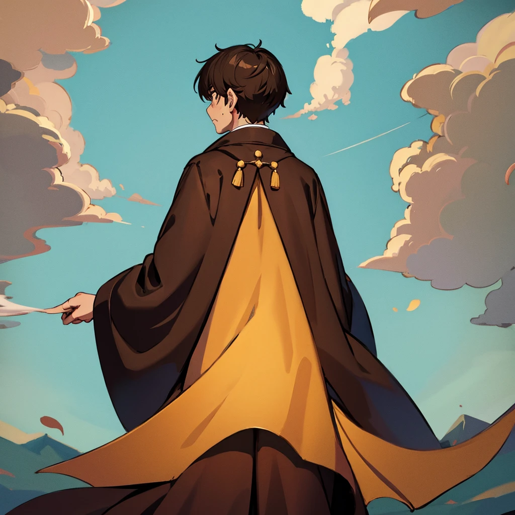 ((((Solo))))、highest quality, Best Quality,Best illustrationiddle ages、(((Brown robes)))、(40-year-old uncle、Kaiser moustache)、(anxiety、Sweat、surprise)、(From the back、Back view)