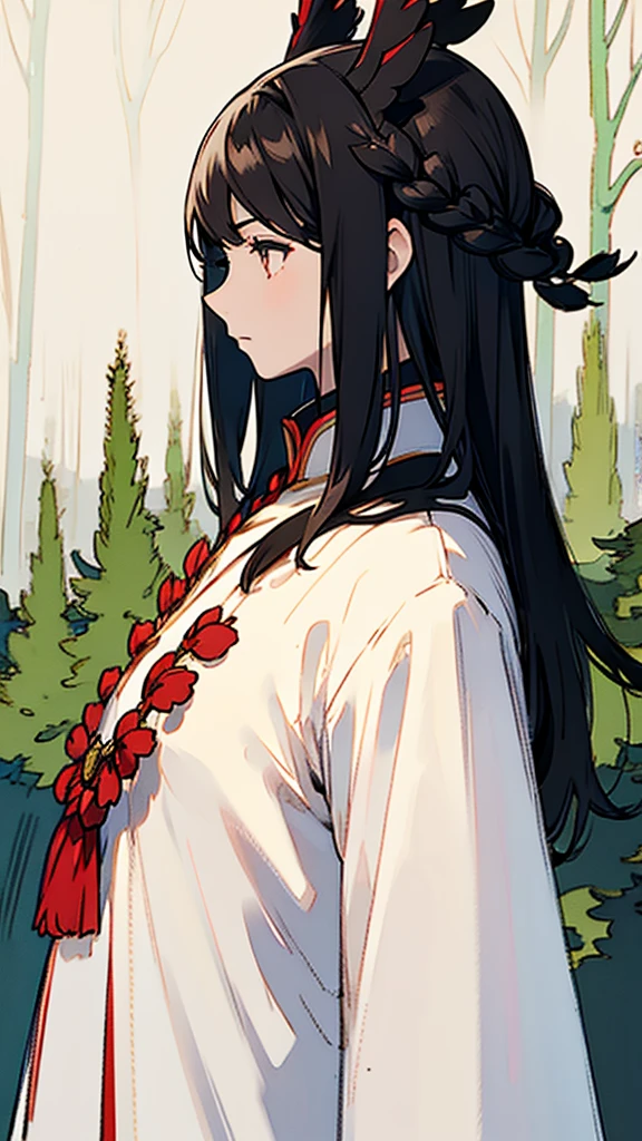 Black ceremonial clothing、profile、Upper Body、forest、Black Hair、Girl、