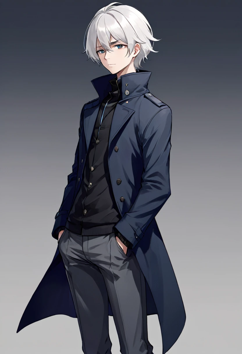 male, anime style, 2d, young, white hair, dark blue coat, dark grey pants, standing pose, no backgroind,  high definition
