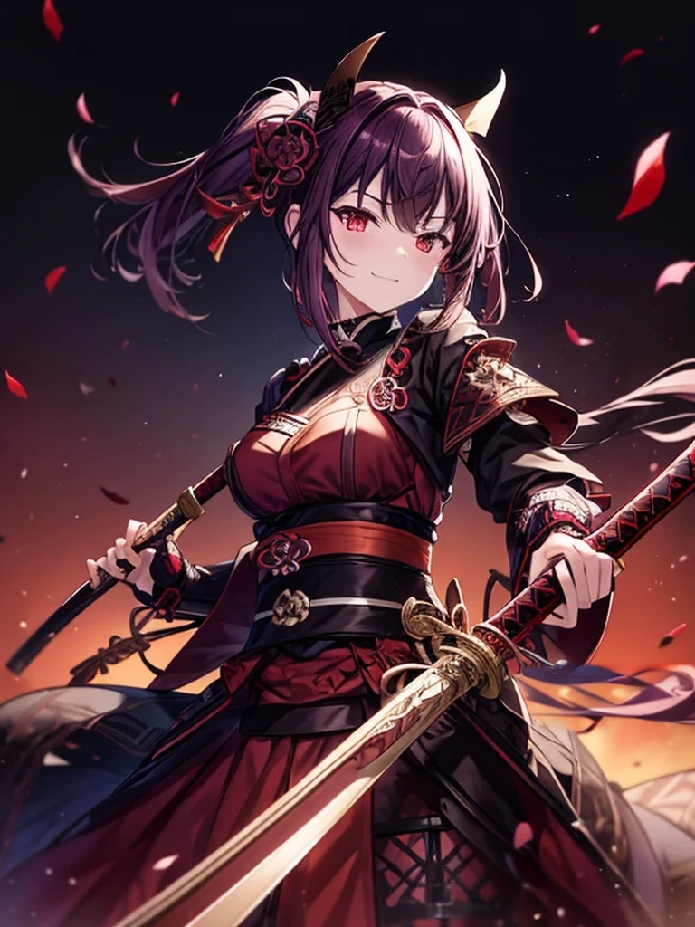 highest quality,4K,High resolution),Ultra-detailed,Realistic,Portraiture, Purple Samurai Succubus with Sword Dark Red Hair, A purple-dark red spring dress with gold trim and bright red eyes, Sparkling colors, Delicate features, A seductive gaze, Cute Smile, Flowing Hair, Soft lighting