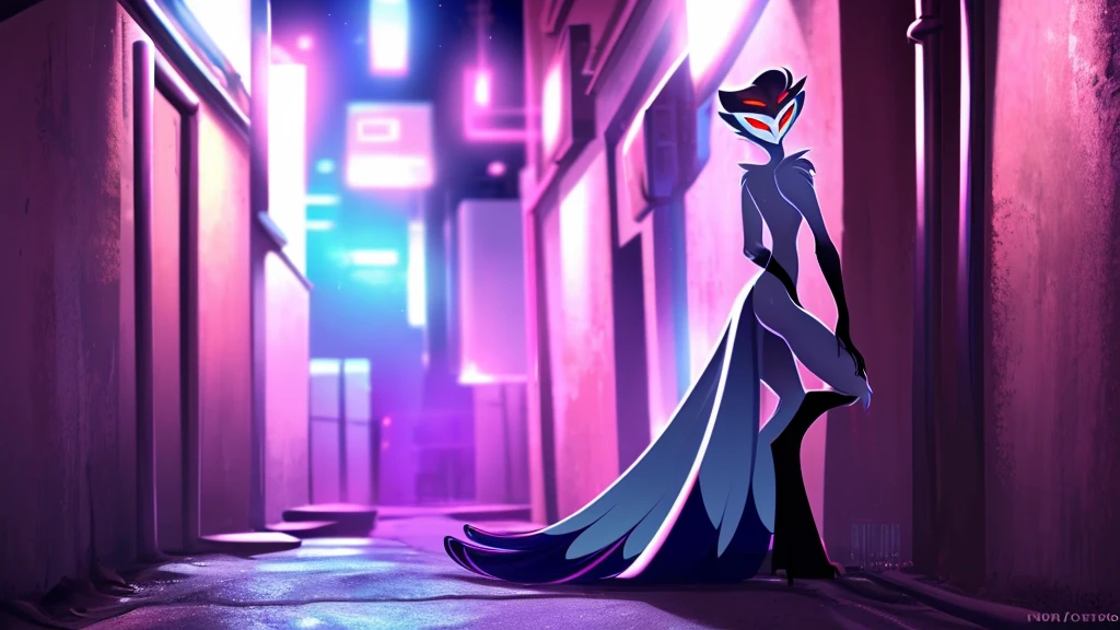 Teathekook (style), ((masterpiece)), ((8k quality)), (no watermark), stolas, male, mouth closed, detailed alley, standing, seductive pose, (solo:1.4), sleek, shiny slime body, tail feathers, shiny, slick,