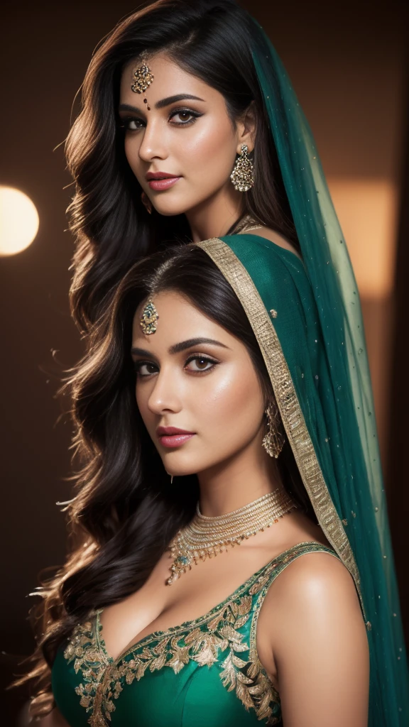 half body portrait of A confident-looking indian woman princess with long flowing hair, hazel eyes, with blue green copper brown saree, a smile on the face, royal and lusty look, red bindi, standing in cricket stadium, huge breast, perfect composition, hyper realistic, super detailed, 8k, high quality, trending art, trending on artstation, sharp focus, sexy photo, intricate details, highly detailed, art by Greg Rutkowski