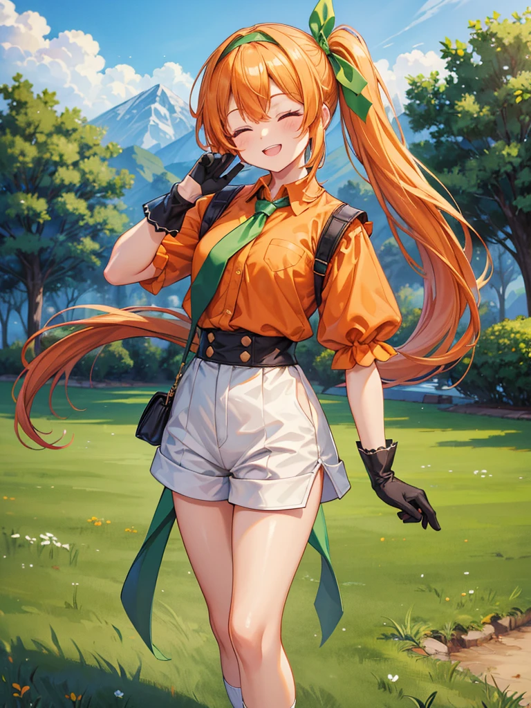 Masterpiece, Top Quality, High Resolution, Super Details, Shoes, Long Hair, Side Ponytail, Hair Band, Green Ribbon, Orange Shirt, Tie, Short Sleeves, Black Sleeves, Gloves, White Shorts, Shoes, outdoors, cowboy shots, smiles, laughter, standing, close your eyes,