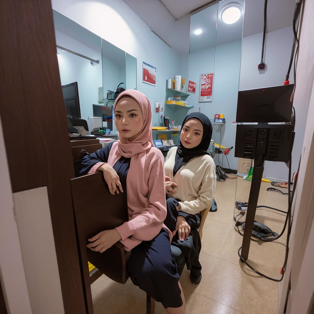 beautiful mature indonesian woman, hijab, big breasts, gamis dress, breast exposed, at doctor's office, dark lighting, night scene, (best quality,8k,highres,masterpiece:1.2),ultra-detailed,(realistic,photorealistic,photo-realistic:1.37),digital painting,dramatic lighting,cinematic,moody atmosphere,chiaroscuro,warm tones,rich colors