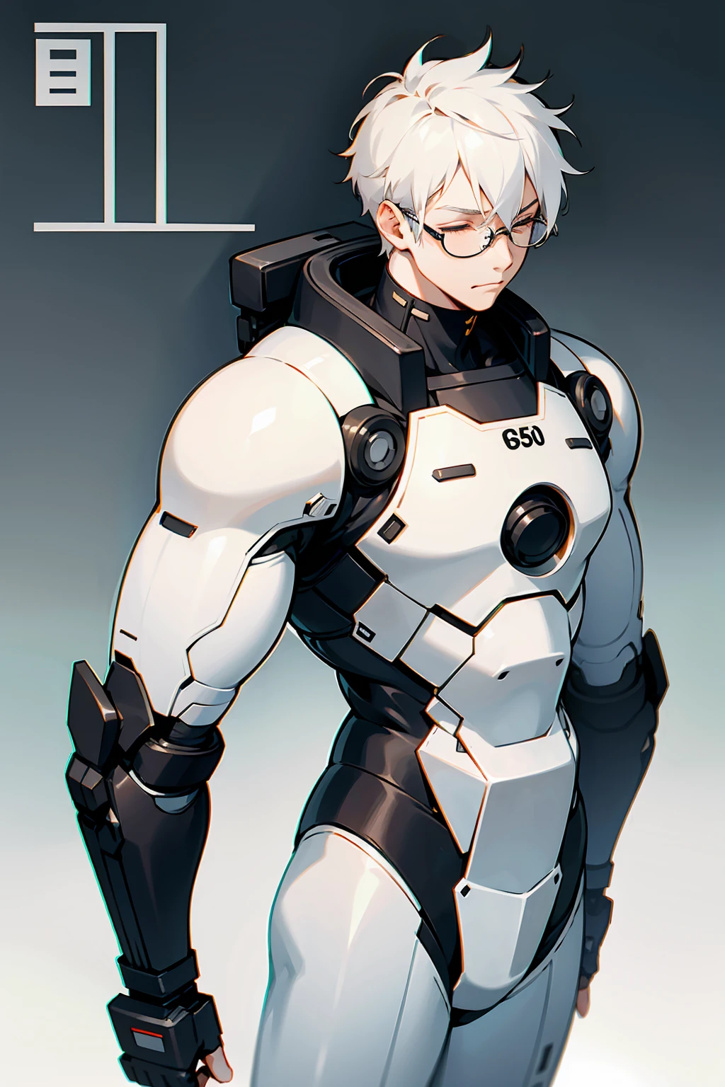 1male, Young Adult, White Hair, Eyes Closed, Short Hair, Dojo Background, , Slight Smile, Glasses, Standing In City, Detailed background, Black and White Combat Suit,