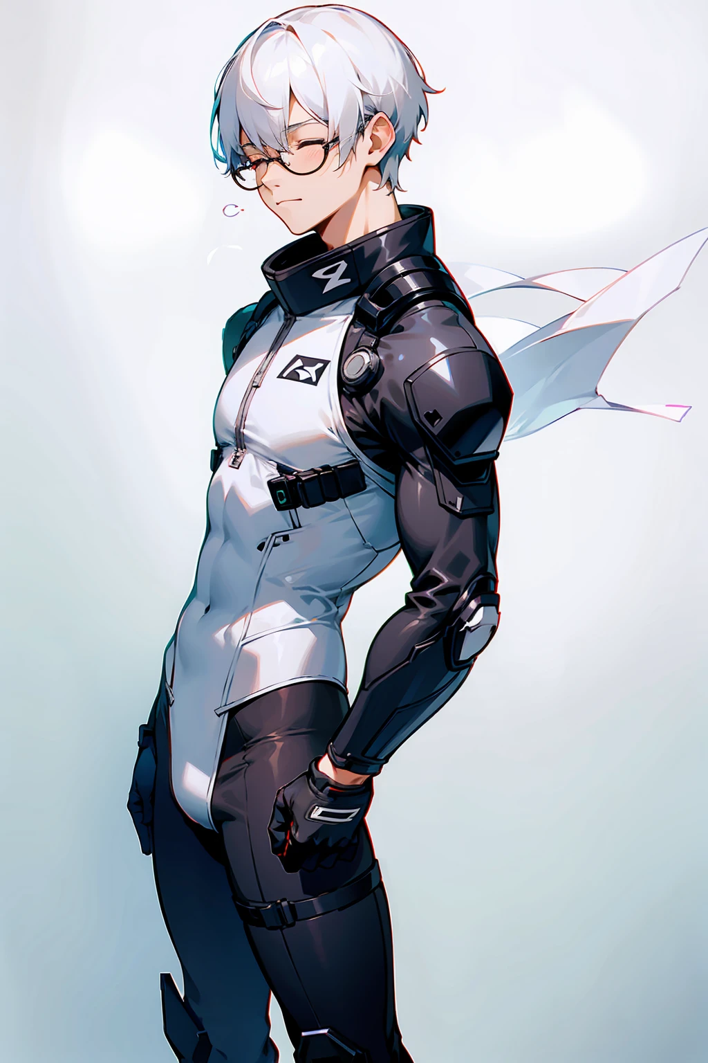 1male, Young Adult, White Hair, Eyes Closed, Short Hair, Dojo Background, , Slight Smile, Glasses, Standing In City, Detailed background, Black and White Combat Suit, 