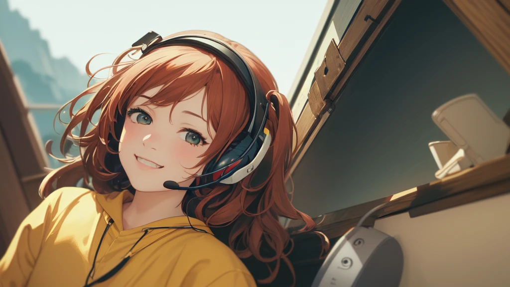 (High resolution, Best Quality, Masterpiece:1.2), (Realistic illustrations), Lo-Fi, Studio Ghibli style, Great colorful, Relaxed girl listening to music with headset, smile, はにかんだsmile, 80's Town, Riding a bicycle