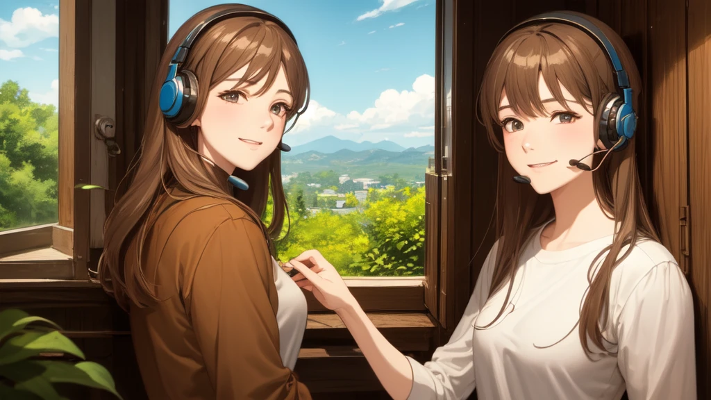 (High resolution, Best Quality, Masterpiece:1.2), (Realistic illustrations), Lo-Fi, Studio Ghibli style, Great colorful, Relaxed girl listening to music with headset, smile, はにかんだsmile, 80's Town, Riding a bicycle