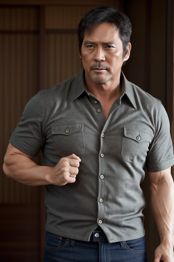 a robust stocky Japanese, man, short hair, shirt, shirt,rugged, 40 years old, unshaven, cap, cinematic,