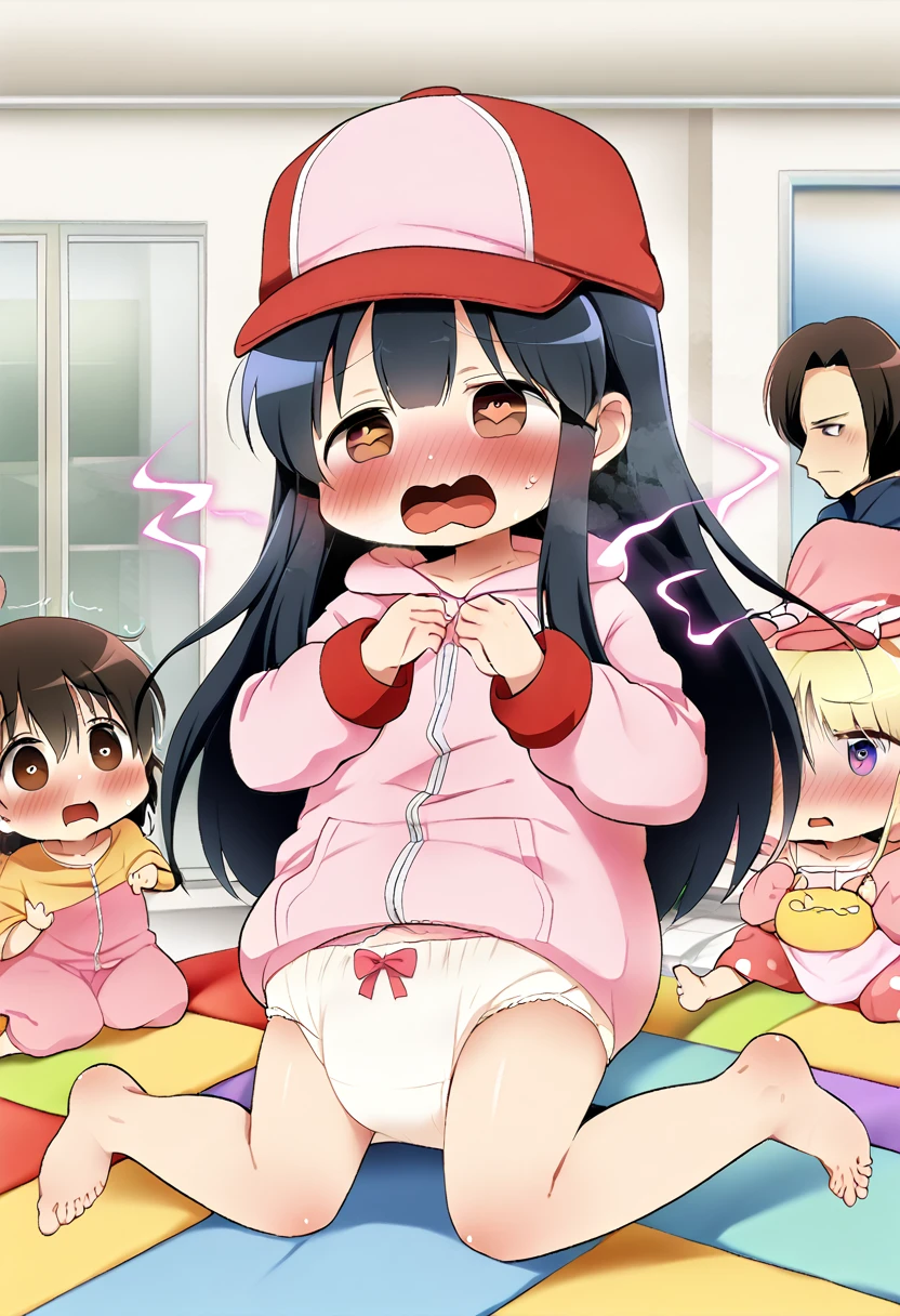 (masterpiece), best quality, expressive eyes, perfect face, a man get transformed into a little toddler girl, solo, blushed, black hair, long hair, red baseball cap, brown eyes, (full body), open mouth, get electrocuted, pink electricity, bare foot, cute pink baby onesie, in daycare, diaper