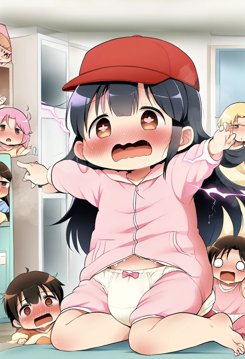 (masterpiece), best quality, expressive eyes, perfect face, a man get transformed into a little toddler girl, solo, blushed, black hair, long hair, red baseball cap, brown eyes, (full body), open mouth, get electrocuted, pink electricity, bare foot, cute pink baby onesie, in daycare, diaper