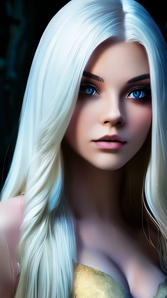 A stunning girl with long white hair, fair skin, and red eyes, in a forest with cinematic film lighting, dark and low-lit. She is wearing a white dress with golden hues, her eyes focused, looking at the viewer. Her skin is fair, her face delicate and flawless, a masterpiece, a work of art of the highest quality. The image is an incredibly detailed 8K CG wallpaper, with artistic cinematic lighting and film-like tones with a neutral filter.