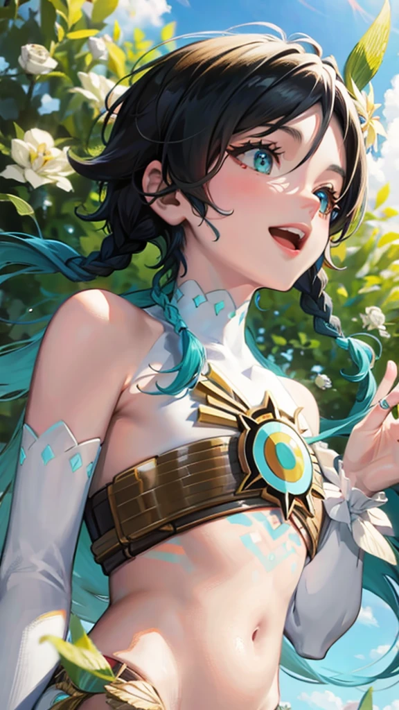 naked, nude, vagina, ta, outside, big breasts, eight years old, open mouth, happy, smiling, sunny, happy, bright sunlight, grass, hair ornament, black hair, green hairstreak, from below, side ponytail, masterpiece, best quality