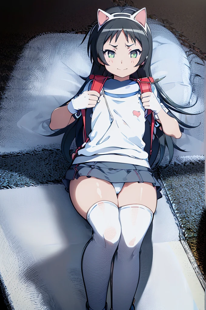 masterpiece, ultra quality, ultra sharp, ultra detailed, 1girl, solo, good anatomy, haduki kurumi, (tattered torn dripping wet white gym shirt), navy gym pants, animal ears, randoseru, name tag, Japanese anime pose, laugh, BurumaShorts, Buruma, Gym Uniform, (((lying:1.4, spread_legs, legspread, cameltoe, split_legs)), (randoseru backpack:1.4), (smirk smile), buruma, blue buruma, black buruma, (tattered torn short sleeve white gym uniform with colored hem), (tiny nipples), (white long loose socks), strong lighting, legspread, bukkake, cum on clothes, cum on legs, cum on buruma, cum on bloomers,
