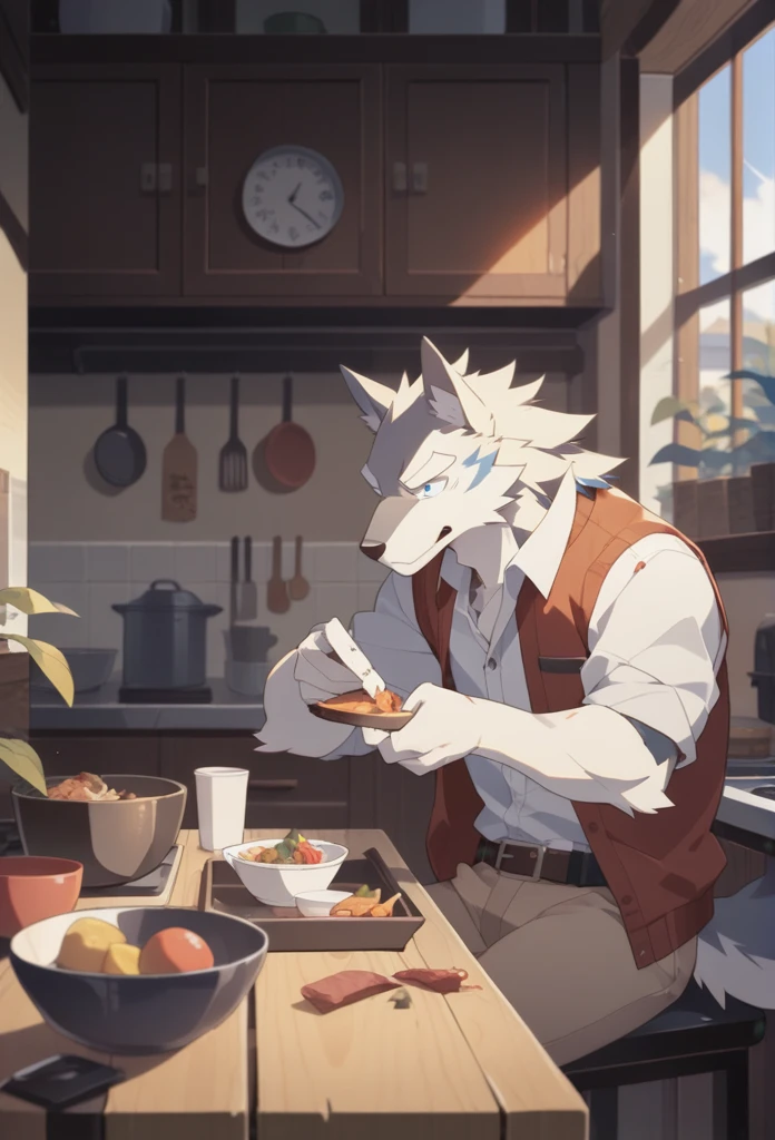 Canines, Caniness, Wolf, by zixiong,
Solitary, anthropology, male, (White fur, White body, White eyebrows:1.2),
Dressed, Open crotch tops, Cardigan, White shirt, belt, Pants,
blue eyes, Puppet Hand, food, eat,
in, kitchen, window, Sunlight, plant, Detailed background