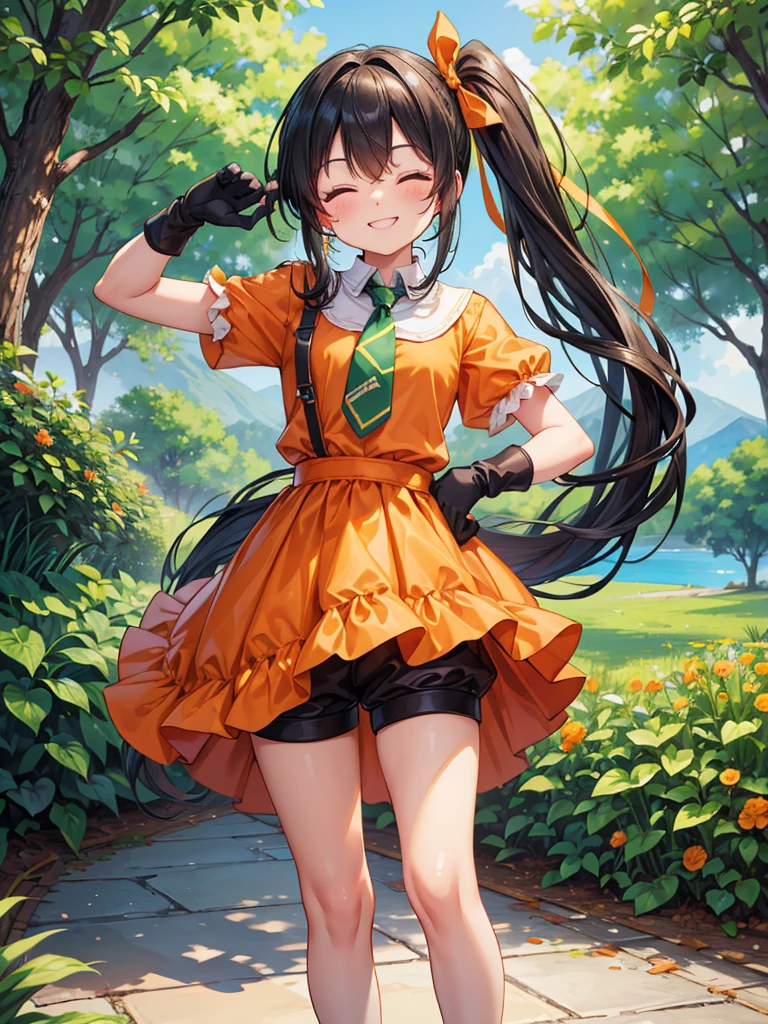 Masterpiece, Top Quality, High Resolution, Super Details, Shoes, Long Hair, Side Ponytail, Hair Band, Green Ribbon, Orange Shirt, Tie, Short Sleeves, Black Sleeves, Gloves, White Shorts, Shoes, outdoors, cowboy shots, smiles, laughter, standing, close your eyes,