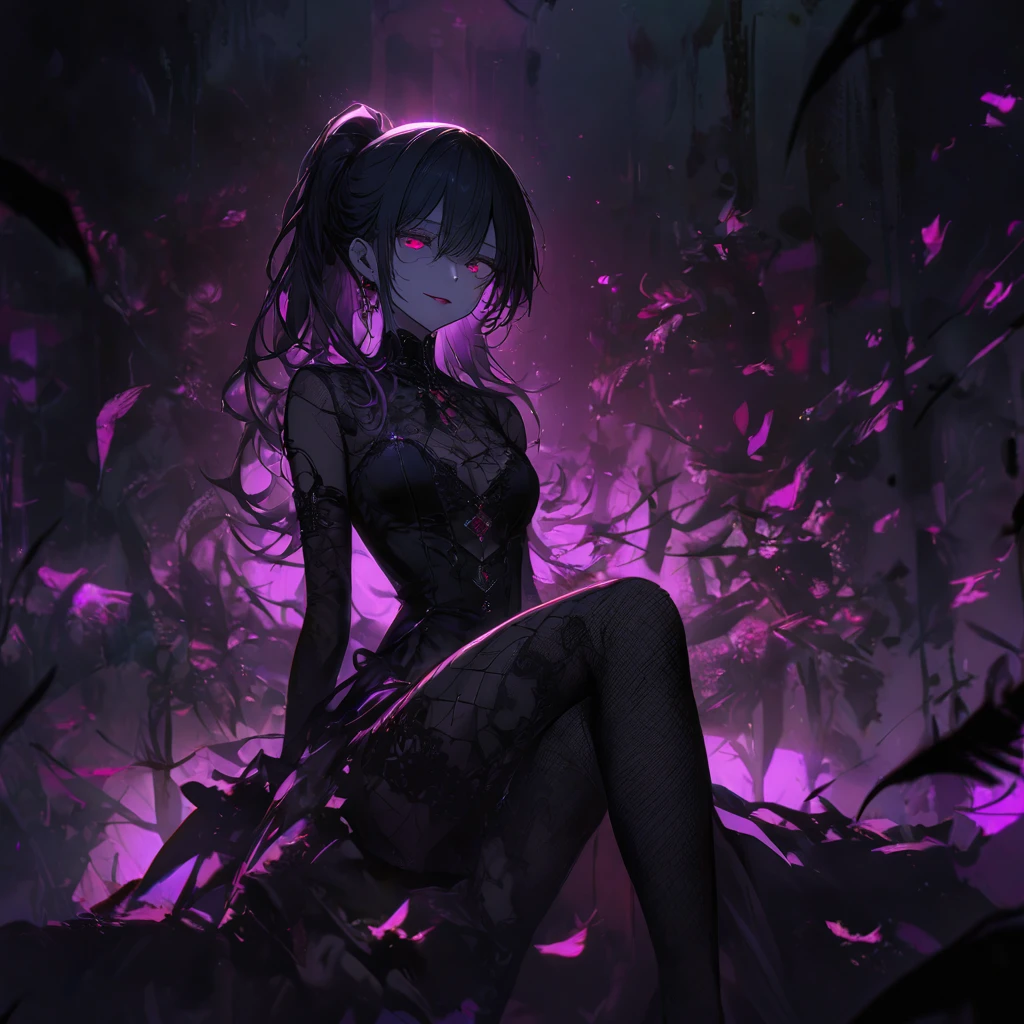 (dark atmosphere,gothic fashion,bright colors),(best quality,Super exquisite,),Sexy goth Vampire girl,In the rose garden at night,Beautiful and delicate eyes,Straight black ponytail with blue tips,Crow feathers,red lipstick,mysterious smile,Pale complexion,fishnet stockings,black lace dress,Pointed-toe bootysterious aura,The moonlight illuminates her elegant silhouette,Soft shadows and soft highlights,Contrasting colors create a vibrant atmosphere,dark and moody color palette,Subtle yet dramatic lighting effects,Sublime darkness intertwined with exquisite moonlight, She's tall and mature