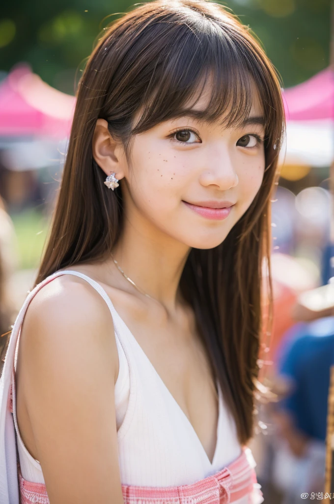 Yukata, traditional Japanese summer costume, summer festival night market, first year high school student, ((full body)), ((photo)), ((best qualtiy, 8K, tmasterpiece:1.3)), Focus:1.2, perfect figure beautiful girl:1.4, 1girl, cowboy shot, look at viewer, incredibly absurd, beautiful and cute girl with a photorealistic face, showcasing top-quality craftsmanship, A Japanese girl walking around looking at the food stalls at a summer festival on a night, 15 years old, straight hair that reaches about 10cm below her shoulders, light brown hair color, shiny hair, bangs cut straight above her eyes, hair tucked behind her ears, soft round face, large almond-shaped eyes, light brown eye color, long eyelashes, thin and neat eyebrows, small nose with a straight bridge, cherry-colored lips, bright smile, white teeth, smooth skin, fair skin, light pigmentation, freckles, average height, lithe figure, well-balanced proportions, small A-cup breasts, white and pink pastel-colored yukata, bracelet with charms, diamond stud earrings, beautiful girl, pure, moe, cheerful, curious, friendly, polite, responsible, likes festivals and events, August