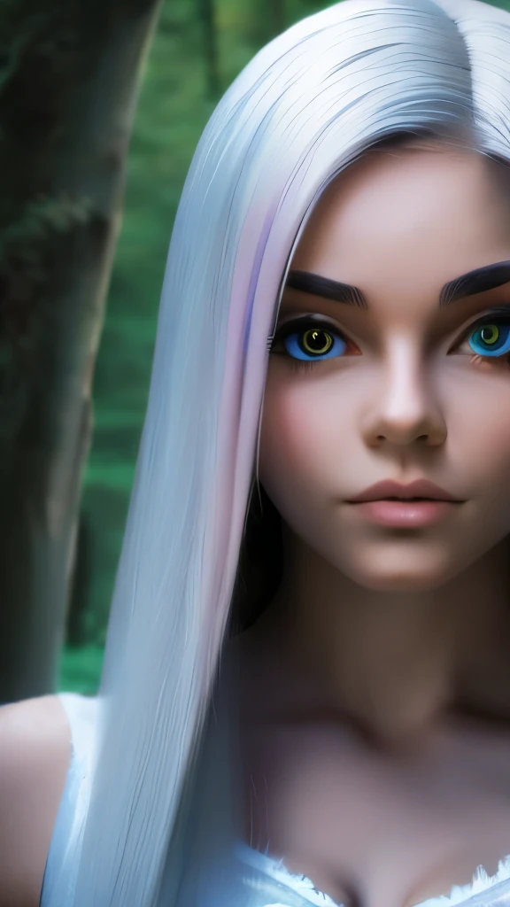 A stunning girl with long white hair, fair skin, and red eyes, in a forest with cinematic film lighting, dark and low-lit. She is wearing a white dress with golden hues, her eyes focused, looking at the viewer. Her skin is fair, her face delicate and flawless, a masterpiece, a work of art of the highest quality. The image is an incredibly detailed 8K CG wallpaper, with artistic cinematic lighting and film-like tones with a neutral filter.