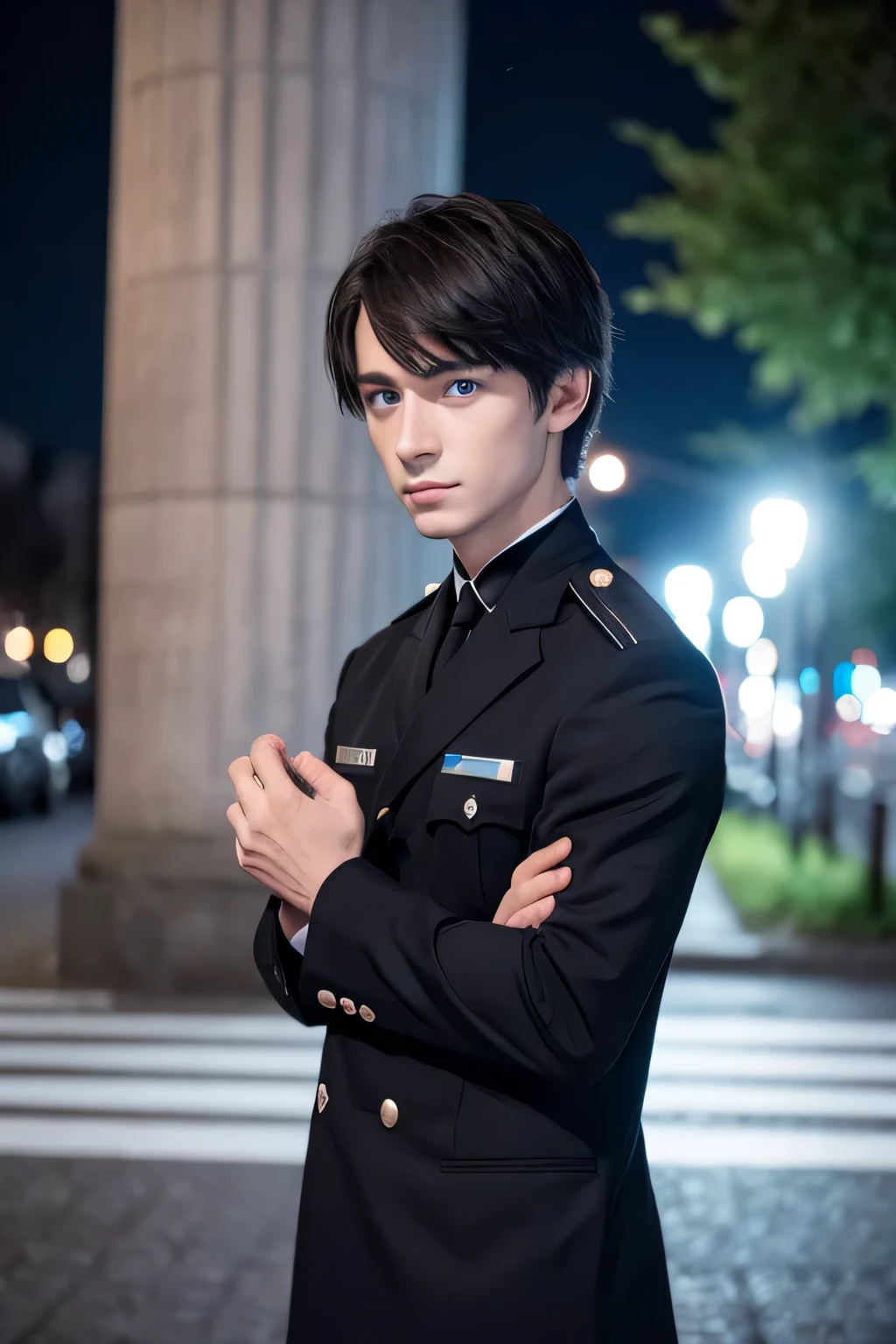 Man, black uniform, light blue eyes, night, outside.