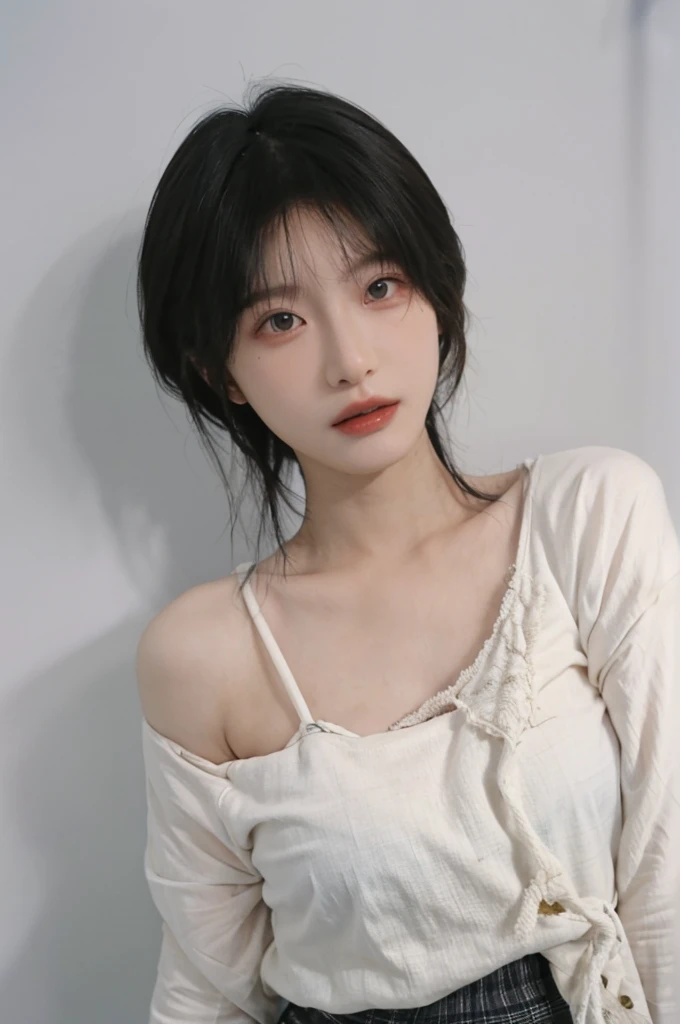 Beautiful woman with perfect figure:1.4，Ultra-high resolution，White background，（lifelike：1.4），Layered Hairstyle，Lipstick，White skin，Super short pleated skirt，whole body，Very delicate face and skin texture，Double eyelids，Skin Whitening，short hair，White hair