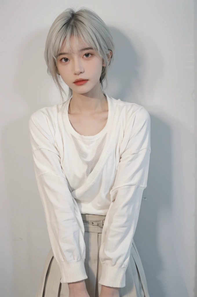 Beautiful woman with perfect figure:1.4,Ultra-high resolution,White background,(lifelike:1.4),Layered Hairstyle,Lipstick,White skin,Super short pleated skirt,whole body,Very delicate face and skin texture,Double eyelids,Skin Whitening,short hair,White hair