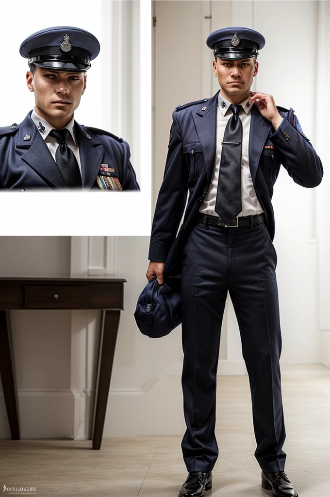 there are two pictures of a man in uniform with a tie, snk, detailed photography, photorrealistic, official photo shoot, 16K RAW photography, evil eyes