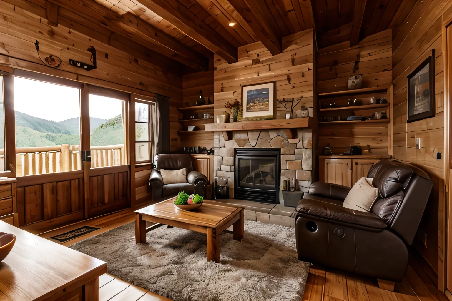 cabin, indoors, beautiful background, tools, gardening equipment, fridge, fireplace.