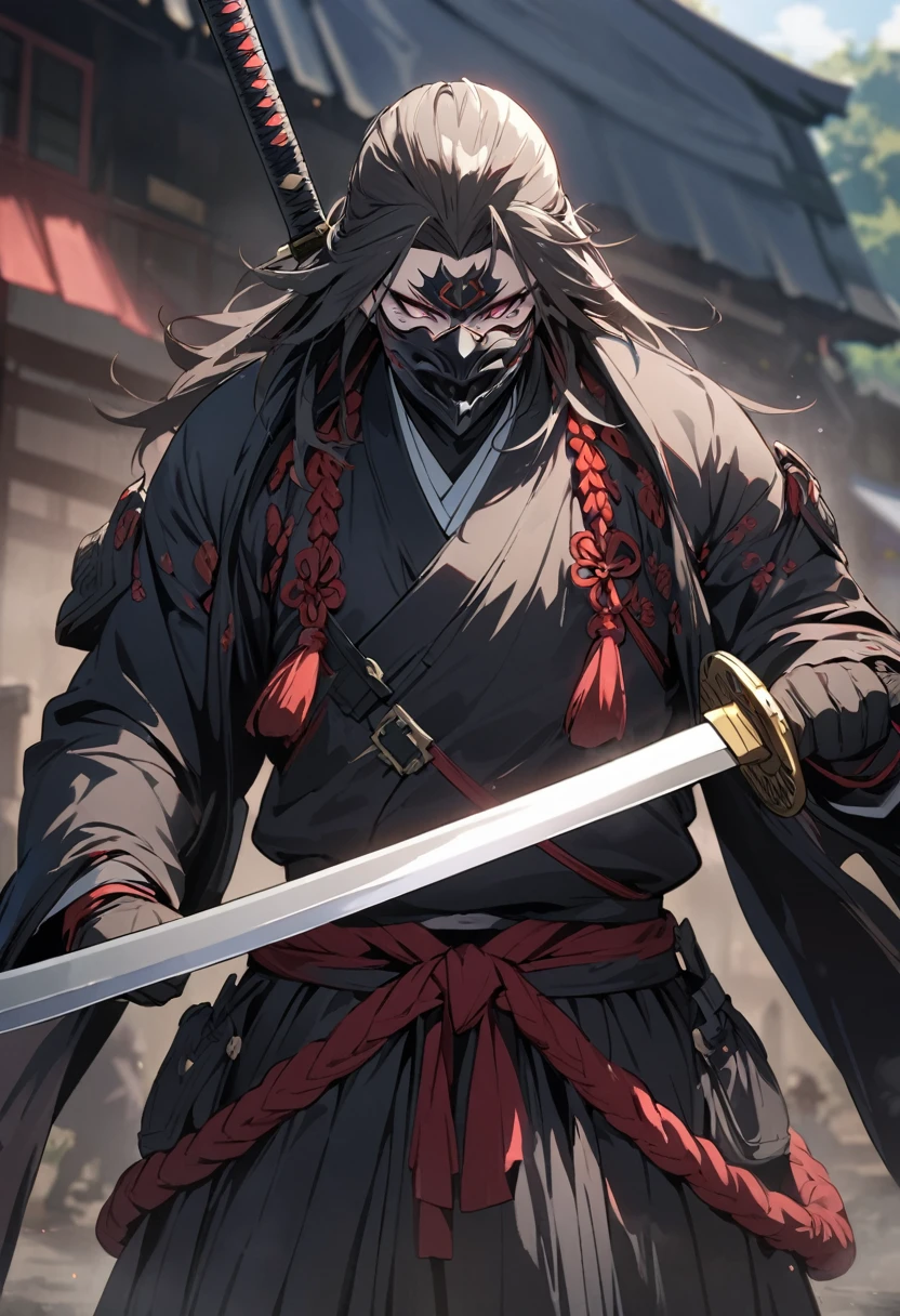 masterpiece, highest quality, Very detailed, anime, A samurai, sword, holding 邪evilなオーラ, female, evil, Strong feeling, mask