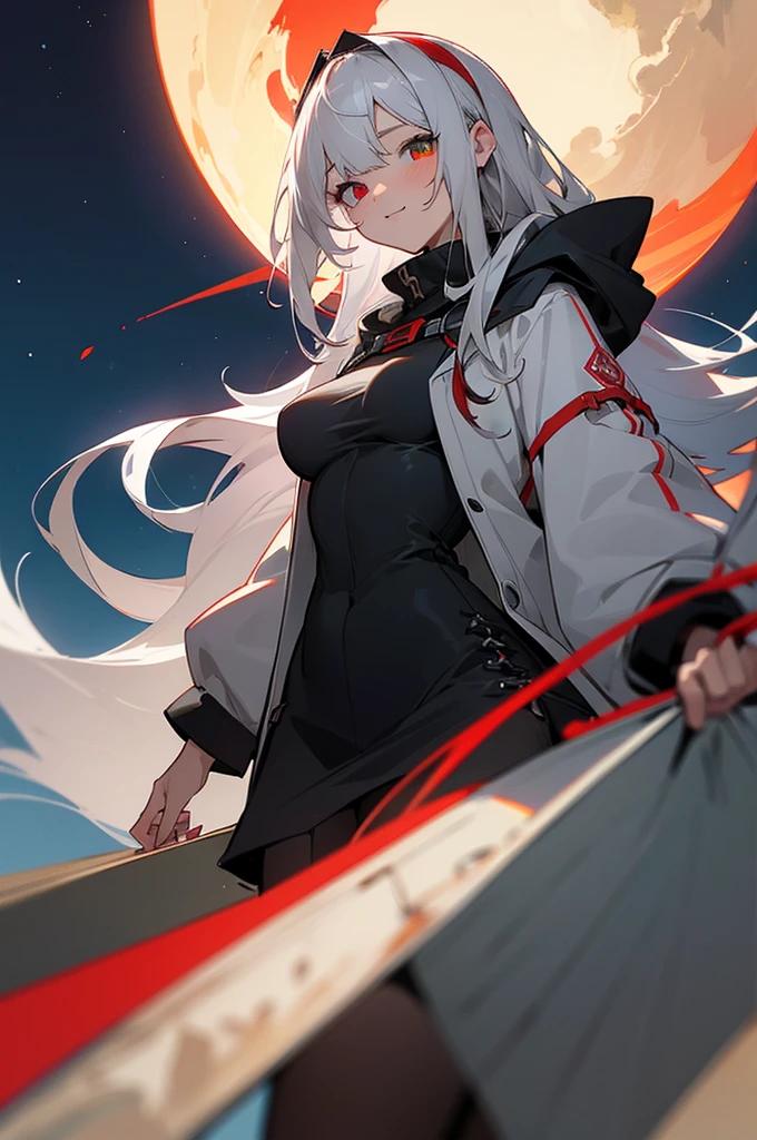 (best quality:1.3), (masterpiece:1.3), (illustration:1.3), (ultra-detailed:1.3), (mid shot:0.9), 1girl, heterochromia eyes, (((red right eye and gray left eye))), (((red right eye))), (((gray left eye))), (((heterochromia))), black headband, white hair, bangs, open sweater hoodie, solo, medium breasts, tall, mature, night sky, starry sky, long hair, light smile, pantyhose,