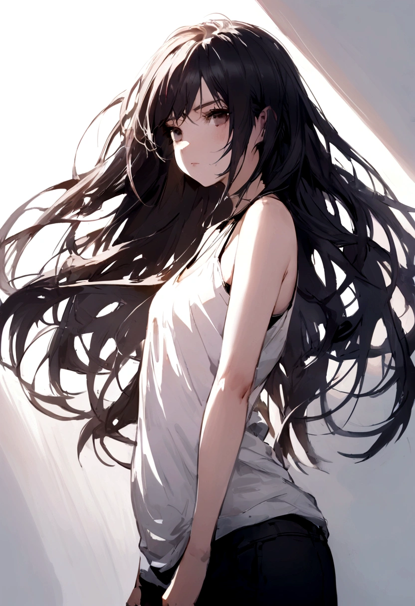 Draw a age girl with long, flowing black hair, wearing a simple tank top. She is standing against a plain white background.