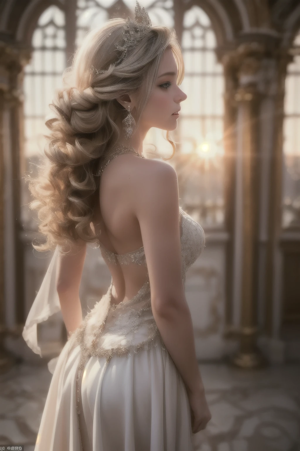 ((RAW shooting:1.5, realistic:1.5, 8K, highest quality, masterpiece, ultra high resolution)), Inside a luxurious British royal palace, professional camera work:1.3, Highly detailed skin and facial textures:1.3, glow light effect, Super detailed:1.3, cute 15 year old british princess, Fair skin, Glossy skin, (elegant:1.4, small face), Ultimate Cute Face:1.5, (cute eyes:0.9, looking far away), smile:1.0, (mouth slightly open:0.4, cute mouth:0.7), double eyelid, ((super long white blonde curly hair)), tiara, necklace and earrings, ((How to wear an elegant and shiny satin princess dress off the shoulders correctly)), big breasts, cowboy shot, ((sunrise, sunlight shining from behind:1.6, Strong sunlight spreads across the screen:1.6)), ((Strong sunlight shines on a woman:1.7)),Beautiful nipples,