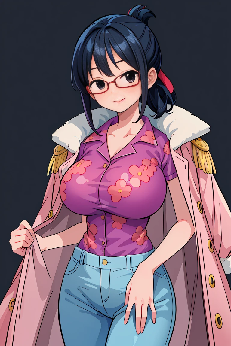 (masterpiece, best quality)(source_anime) tashigi, black eyes, folded ponytail, glasses, pink coat, coat on shoulders, purple shirt, blue pants, upper body, looking at viewer, big hip, big tits, Smile