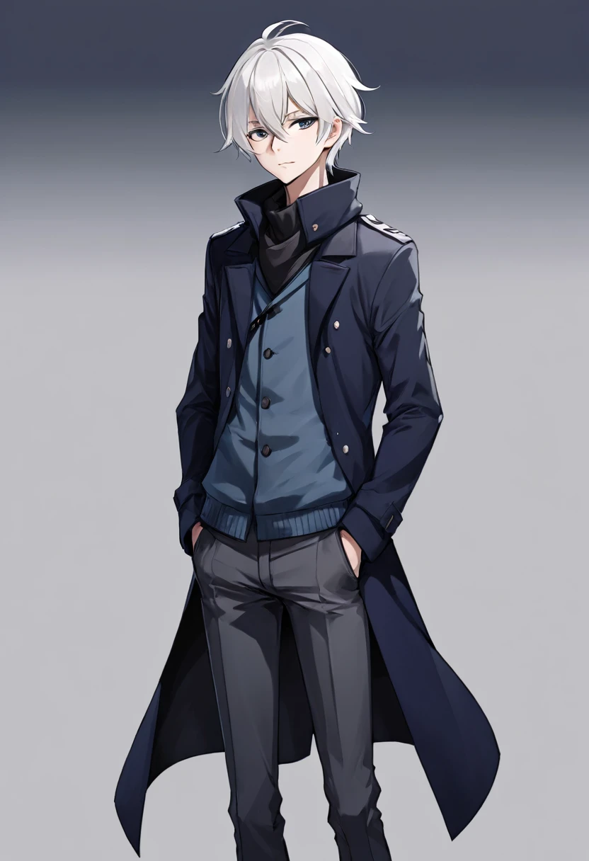 male, anime style, 2d, young, white hair, dark blue coat, dark grey pants, standing pose, no backgroind, high definition