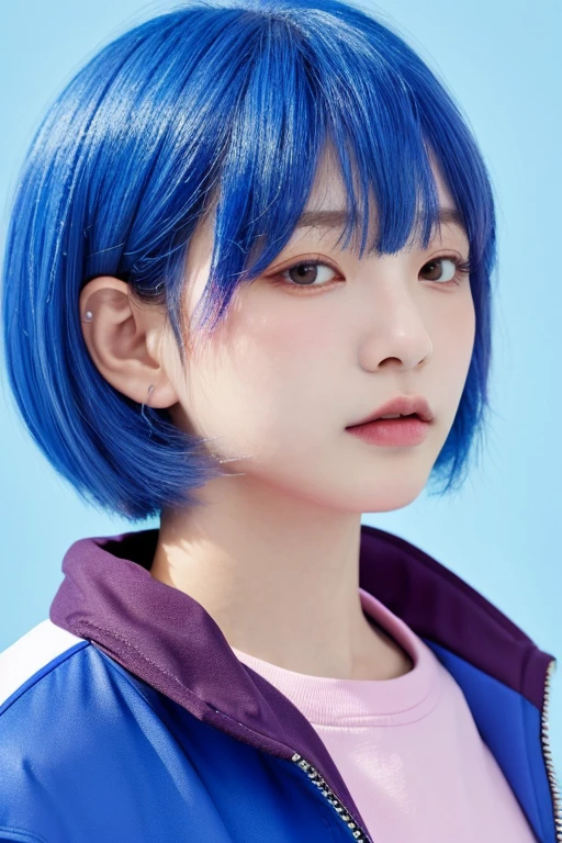 (masterpiece, best quality; 1.3), ultra-detailliert, look at the viewer, wearing a jacket, close up, blue hair, short hair, plain pink background,
