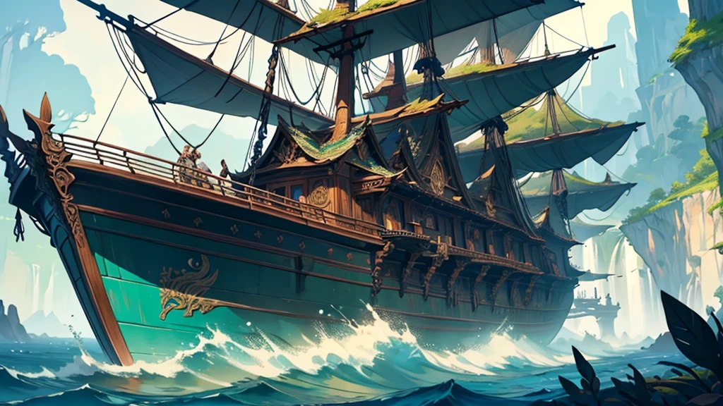 a high fantasy elven style large wooden ship with very detailed intricate carvings on it, a large lush leafy green tree growing at the front of the ship
