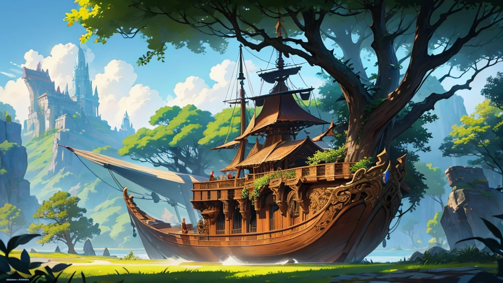 a high fantasy elven style large wooden ship with very detailed intricate carvings on it, a large lush leafy green tree growing at the front of the ship