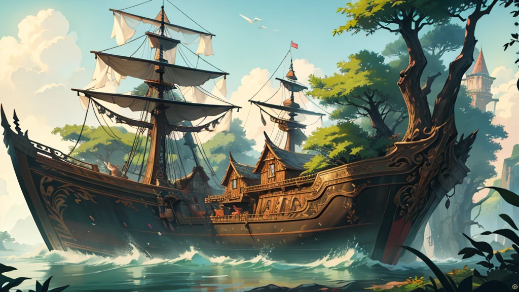 a high fantasy elven style large wooden ship with very detailed intricate carvings on it, a large lush leafy green tree growing at the front of the ship