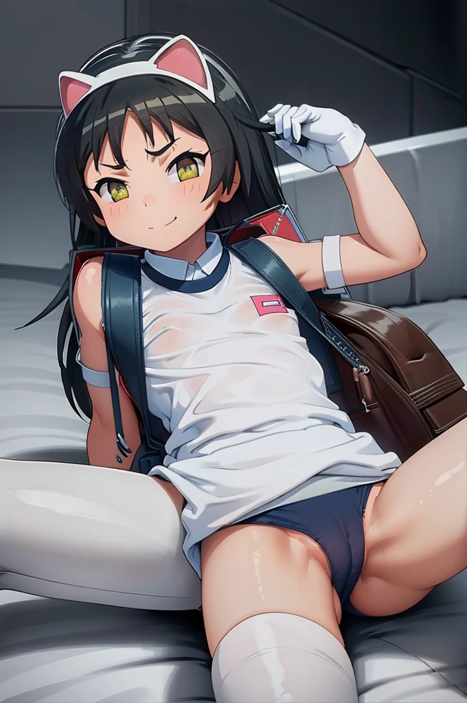 masterpiece, ultra quality, ultra sharp, ultra detailed, 1girl, solo, good anatomy, haduki kurumi, (tattered torn dripping wet white gym shirt), navy gym pants, animal ears, randoseru, name tag, Japanese anime pose, laugh, BurumaShorts, Buruma, Gym Uniform, (((lying:1.4, spread_legs, legspread, cameltoe, split_legs)), (randoseru backpack:1.4), (smirk smile), buruma, blue buruma, black buruma, (tattered torn short sleeve white gym uniform with colored hem), (tiny nipples), (white long loose socks), strong lighting, legspread, bukkake, cum on clothes, cum on legs, cum on buruma, cum on bloomers,