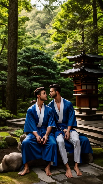 Two handsome, muscular young men with long combed hair in a low ponytail, wearing yukatas, sitting in front of a Japanese temple in the middle of the forest kissing next to a guardian dog statue