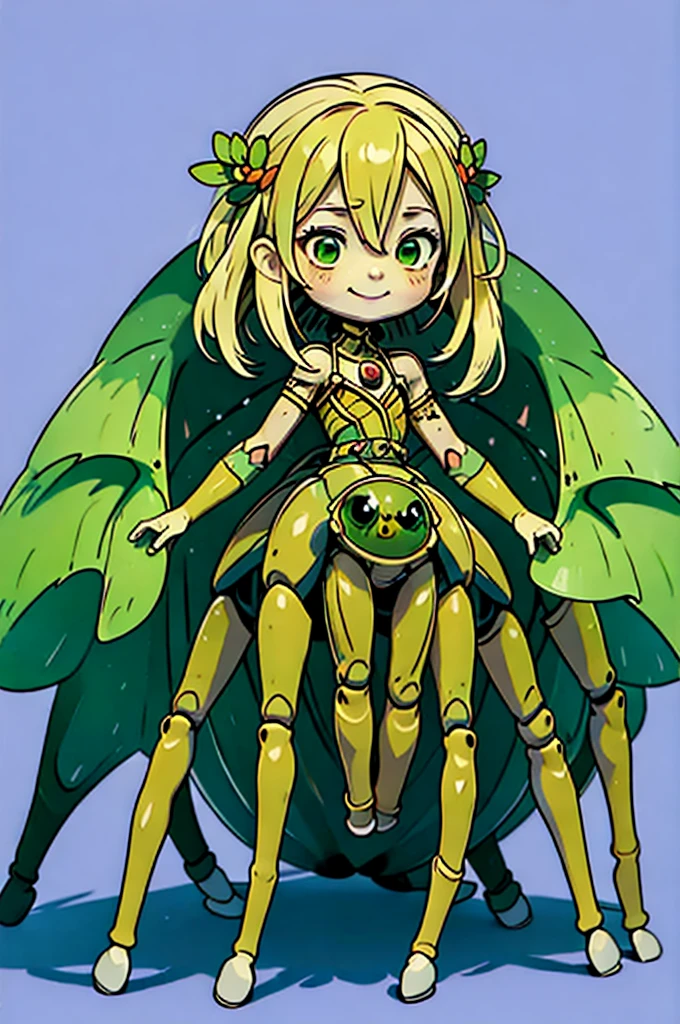 ((Masterpiece)), (((Top quality))), ((Ultra definition)), ((High quality face and limbs)), ((Arachne)), 1girl, sweet, kind, alone, young, soft, pure, semi human, monster musume, spider girl, spider legs, big long legs and long arms, scary, horror, bright blonde hair, very yellow hair, green skin, dress of spiderwebs, green innocent eyes, flat chest, smiling with delight, hades style, hadesstyle, hades2style, hades 2 style, Arachnea, silk weaver, Tartarus background, dragonfly wings, moth antenas on head